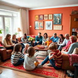 A large Russian family gathered in their vibrant apartment, showcasing a lively indoor scene