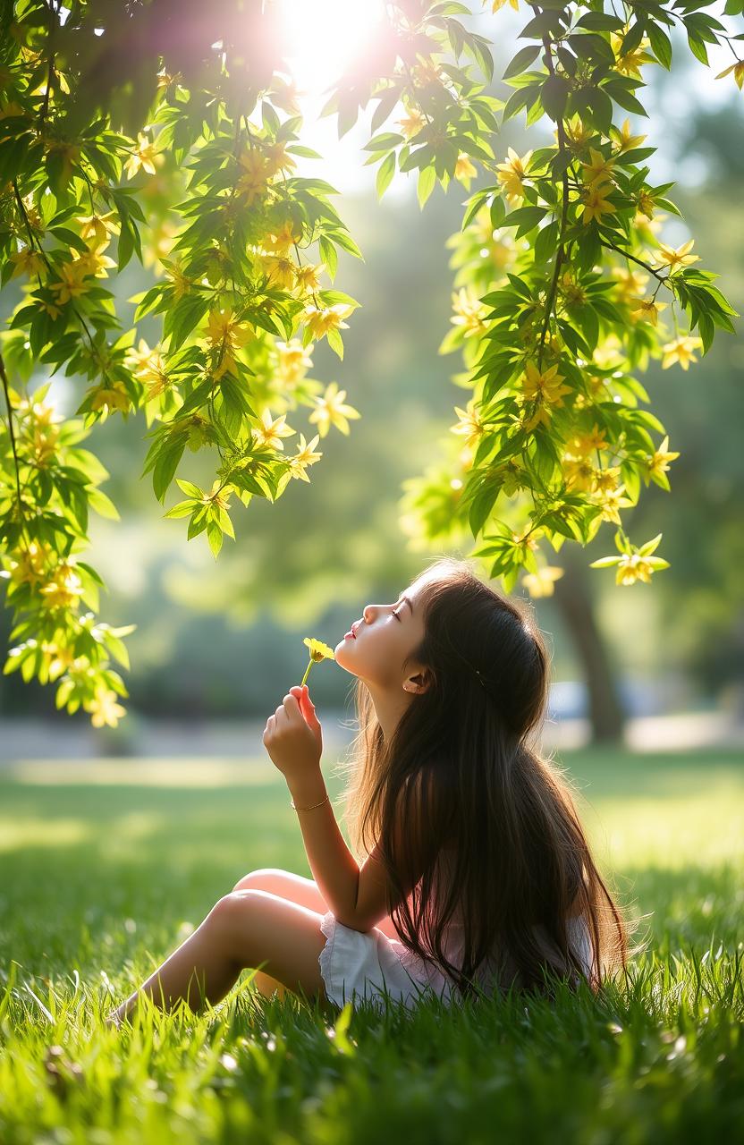 A serene outdoor scene featuring a girl seated on the grass, surrounded by lush greenery