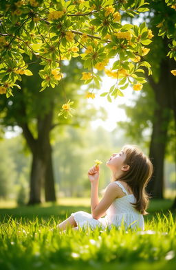 A serene outdoor scene featuring a girl seated on the grass, surrounded by lush greenery