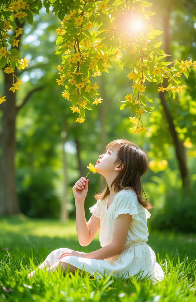 A serene outdoor scene featuring a girl seated on the grass, surrounded by lush greenery