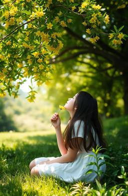 A serene outdoor scene featuring a girl seated on the grass, surrounded by lush greenery