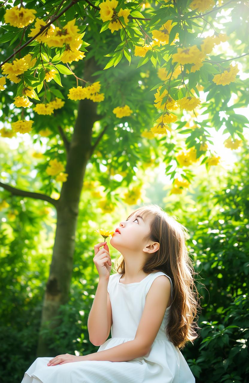 A girl seated outdoors, surrounded by lush greenery, looking up at tree branches filled with vibrant green leaves and bright yellow flowers