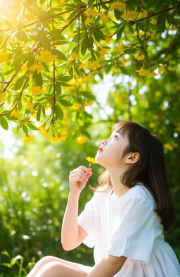 A girl seated outdoors, surrounded by lush greenery, looking up at tree branches filled with vibrant green leaves and bright yellow flowers