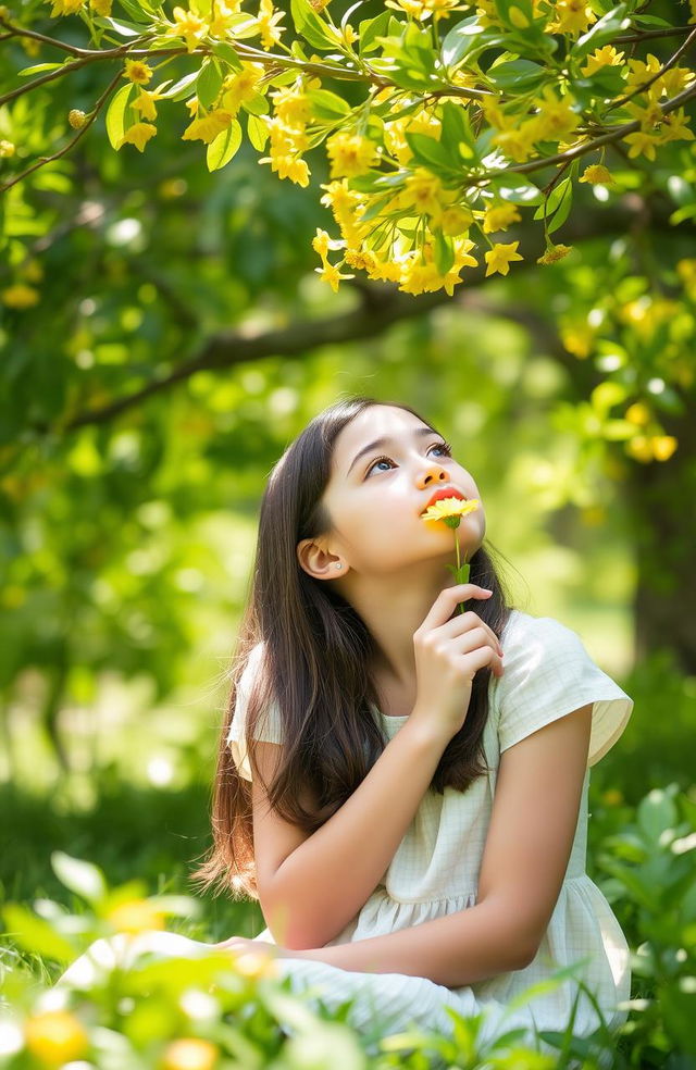 A girl seated outdoors, surrounded by lush greenery, looking up at tree branches filled with vibrant green leaves and bright yellow flowers