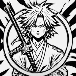 Black and white pencil drawing of Demon Slayer's Rengoku in 90s anime style within a circular border, featuring his detailed hair, expressive eyes, traditional uniform, and katana.