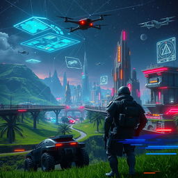 A vibrant and immersive virtual world depicting a futuristic military landscape