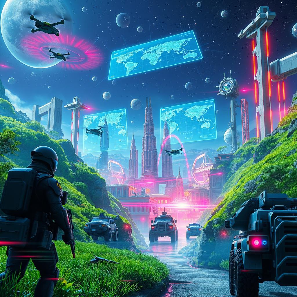 A vibrant and immersive virtual world depicting a futuristic military landscape