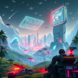 A vibrant and immersive virtual world depicting a futuristic military landscape