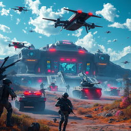 A stunning depiction of a virtual military world, featuring advanced technology and futuristic elements