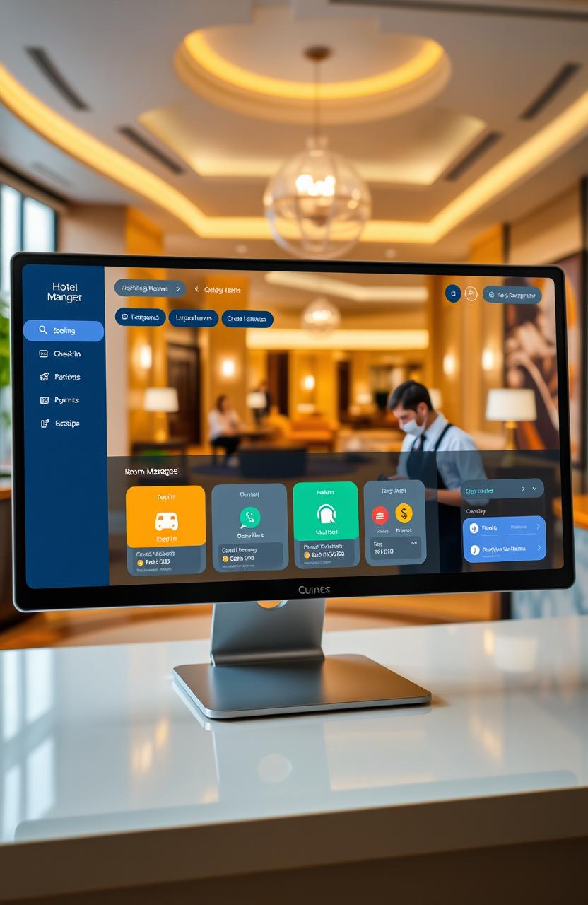 A modern and sleek hotel management system interface displayed on a computer screen