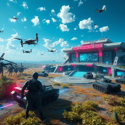 A stunning depiction of a virtual military world, featuring advanced technology and futuristic elements