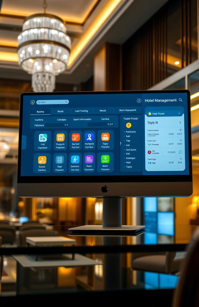 A modern and sleek hotel management system interface displayed on a computer screen