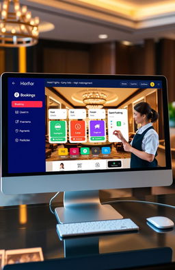 A modern and sleek hotel management system interface displayed on a computer screen