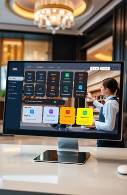 A modern and sleek hotel management system interface displayed on a computer screen