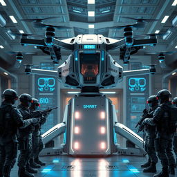 An innovative and cutting-edge smart defense system portrayed in a dynamic military setting