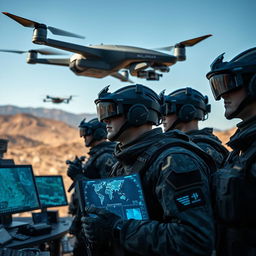 A high-tech smart military operation scene showcasing advanced technology in action