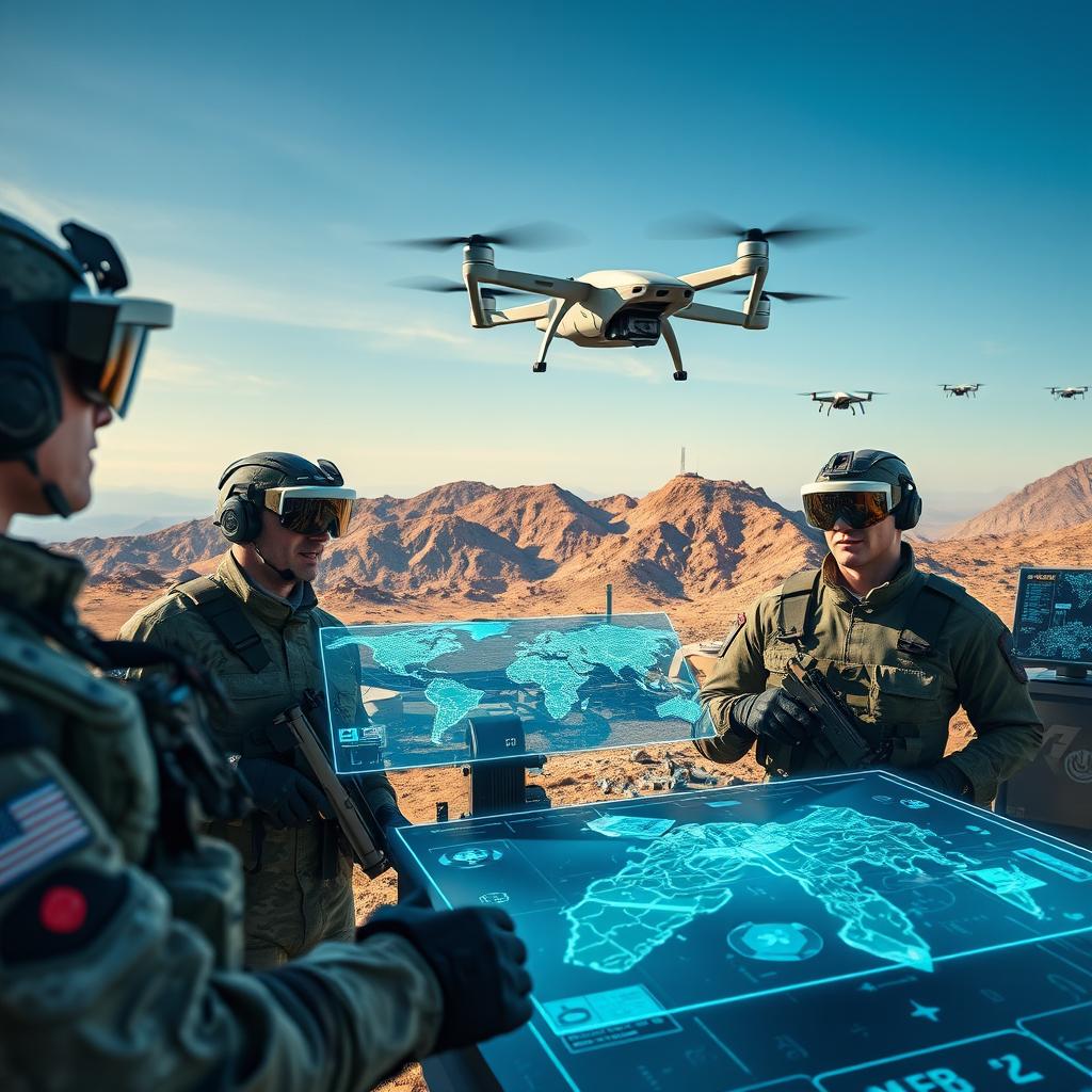 A high-tech smart military operation scene showcasing advanced technology in action