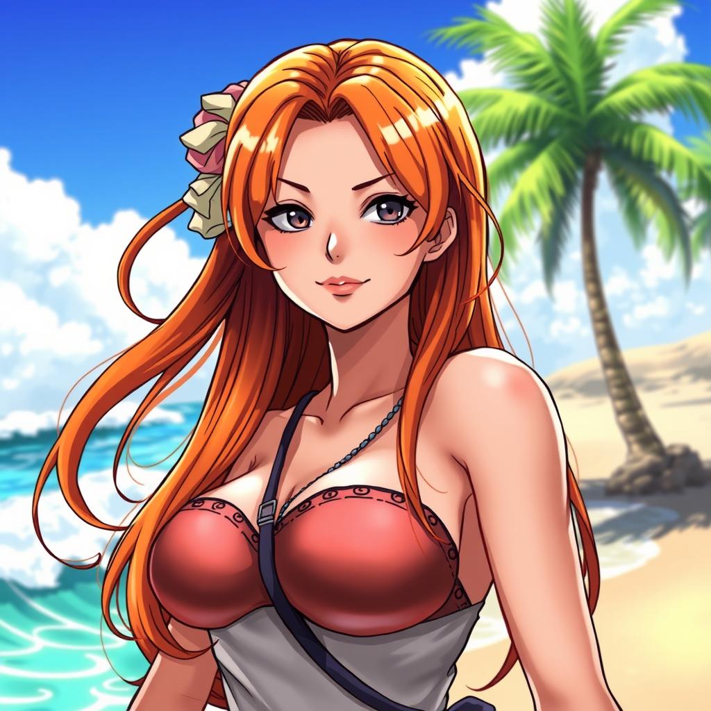 A highly detailed and artistic rendition of Nami, the character from One Piece, depicted in a confident yet alluring pose