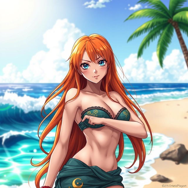 A highly detailed and artistic rendition of Nami, the character from One Piece, depicted in a confident yet alluring pose