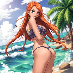 A highly detailed and artistic rendition of Nami, the character from One Piece, depicted in a confident yet alluring pose