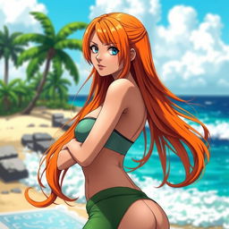 A highly detailed and artistic rendition of Nami, the character from One Piece, depicted in a confident yet alluring pose