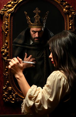 A dramatic scene featuring a woman with long dark hair, intensely gazing into an ornate, antique mirror