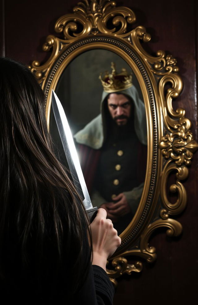 A dramatic scene featuring a woman with long dark hair, intensely gazing into an ornate, antique mirror