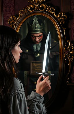 A dramatic scene featuring a woman with long dark hair, intensely gazing into an ornate, antique mirror