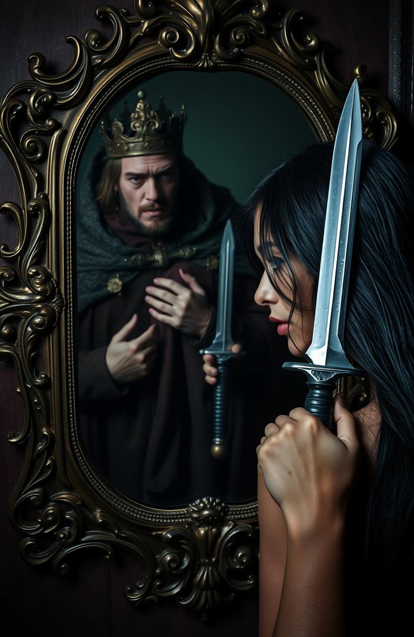 A dramatic scene featuring a woman with long dark hair, intensely gazing into an ornate, antique mirror