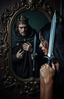 A dramatic scene featuring a woman with long dark hair, intensely gazing into an ornate, antique mirror