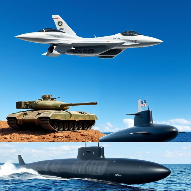 A stunning collage of modern military vehicles showcasing a sleek fighter jet soaring through a clear blue sky, a heavily armored tank on rugged terrain, and a state-of-the-art submarine emerging from the ocean