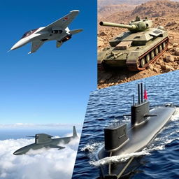A stunning collage of modern military vehicles showcasing a sleek fighter jet soaring through a clear blue sky, a heavily armored tank on rugged terrain, and a state-of-the-art submarine emerging from the ocean