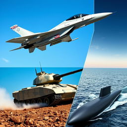 A stunning collage of modern military vehicles showcasing a sleek fighter jet soaring through a clear blue sky, a heavily armored tank on rugged terrain, and a state-of-the-art submarine emerging from the ocean