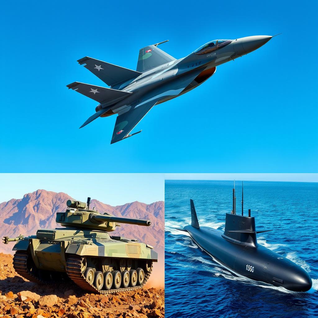 A stunning collage of modern military vehicles showcasing a sleek fighter jet soaring through a clear blue sky, a heavily armored tank on rugged terrain, and a state-of-the-art submarine emerging from the ocean