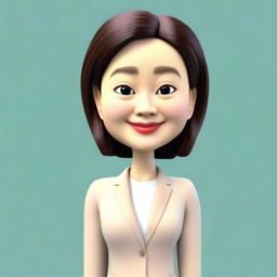 Generate a 3D cartoon style memoji of an Asian businesswoman, focusing on depth and dimension particularly in the eye and eyelid area. Only the face and head should be depicted, no body.