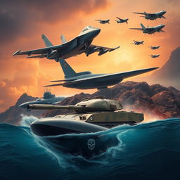 A dynamic and engaging composition featuring a modern military aircraft soaring above, a powerful tank stationed on rugged terrain, a high-tech submarine partially submerged in the ocean, and advanced military drones flying in formation overhead