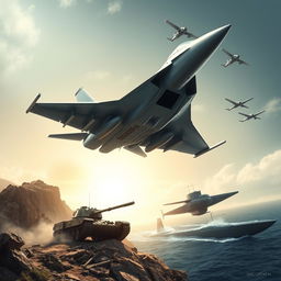 A dynamic and engaging composition featuring a modern military aircraft soaring above, a powerful tank stationed on rugged terrain, a high-tech submarine partially submerged in the ocean, and advanced military drones flying in formation overhead