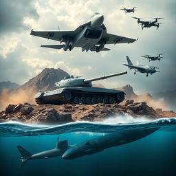 A dynamic and engaging composition featuring a modern military aircraft soaring above, a powerful tank stationed on rugged terrain, a high-tech submarine partially submerged in the ocean, and advanced military drones flying in formation overhead