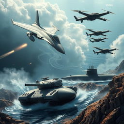 A dynamic and engaging composition featuring a modern military aircraft soaring above, a powerful tank stationed on rugged terrain, a high-tech submarine partially submerged in the ocean, and advanced military drones flying in formation overhead
