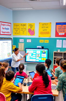 A diverse group of students engaged in various methods of English language learning in a vibrant digital classroom setting