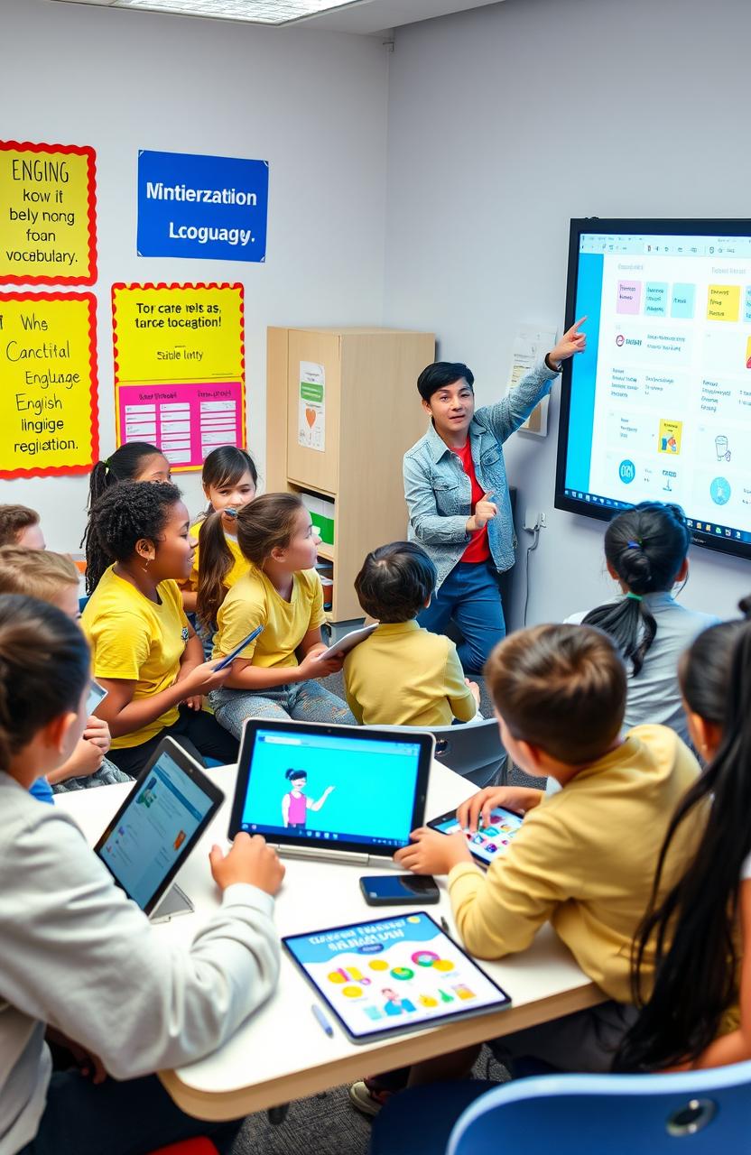 A diverse group of students engaged in various methods of English language learning in a vibrant digital classroom setting