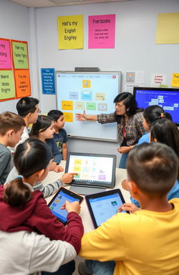 A diverse group of students engaged in various methods of English language learning in a vibrant digital classroom setting