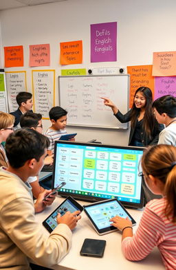 A diverse group of students engaged in various methods of English language learning in a vibrant digital classroom setting