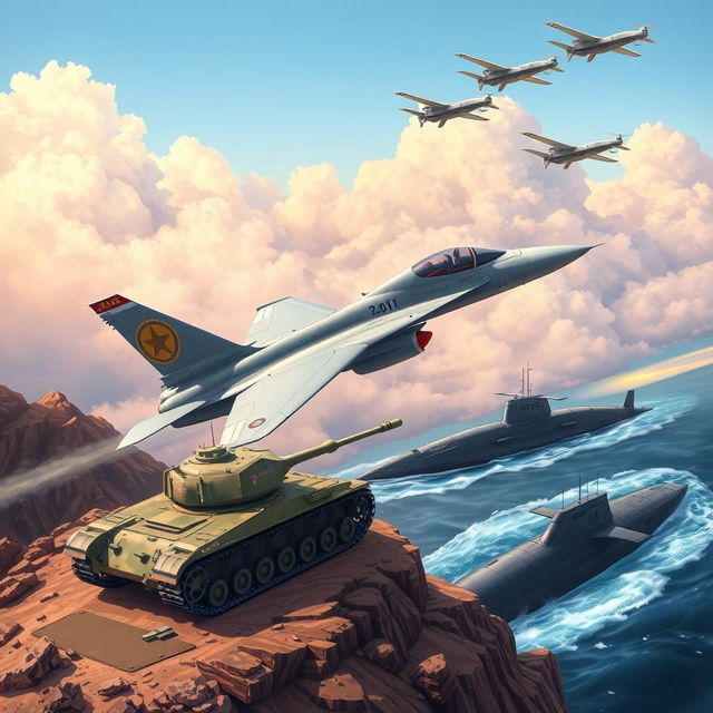 An impressive and detailed illustration of modern military assets, featuring a sleek fighter jet in flight against a backdrop of clouds, a formidable tank positioned on rugged terrain, a cutting-edge submarine partially submerged in the ocean, and several military drones flying in formation above