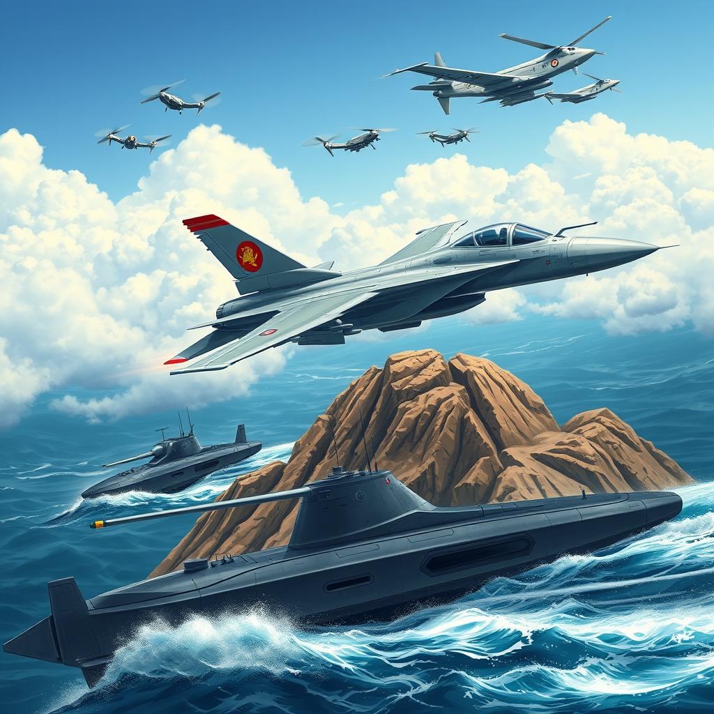 An impressive and detailed illustration of modern military assets, featuring a sleek fighter jet in flight against a backdrop of clouds, a formidable tank positioned on rugged terrain, a cutting-edge submarine partially submerged in the ocean, and several military drones flying in formation above