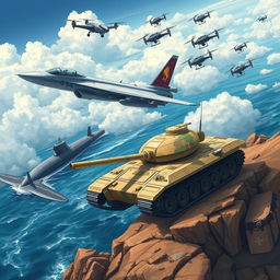 An impressive and detailed illustration of modern military assets, featuring a sleek fighter jet in flight against a backdrop of clouds, a formidable tank positioned on rugged terrain, a cutting-edge submarine partially submerged in the ocean, and several military drones flying in formation above