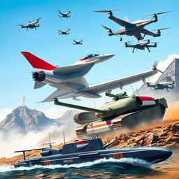 An action-packed scene featuring modern military assets of Indonesia, including a sleek fighter jet with the red and white Indonesian flag painted on its tail soaring in a clear sky, a formidable tank adorned with the Indonesian colors parked on rugged terrain, a high-tech submarine partially submerged, and advanced military drones flying above