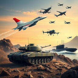 An action-packed scene featuring modern military assets of Indonesia, including a sleek fighter jet with the red and white Indonesian flag painted on its tail soaring in a clear sky, a formidable tank adorned with the Indonesian colors parked on rugged terrain, a high-tech submarine partially submerged, and advanced military drones flying above