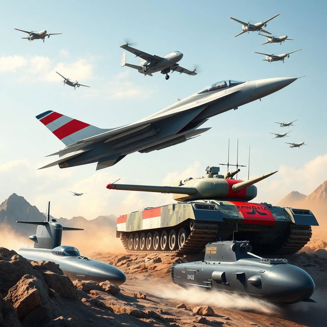 An action-packed scene featuring modern military assets of Indonesia, including a sleek fighter jet with the red and white Indonesian flag painted on its tail soaring in a clear sky, a formidable tank adorned with the Indonesian colors parked on rugged terrain, a high-tech submarine partially submerged, and advanced military drones flying above