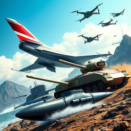 An action-packed scene featuring modern military assets of Indonesia, including a sleek fighter jet with the red and white Indonesian flag painted on its tail soaring in a clear sky, a formidable tank adorned with the Indonesian colors parked on rugged terrain, a high-tech submarine partially submerged, and advanced military drones flying above